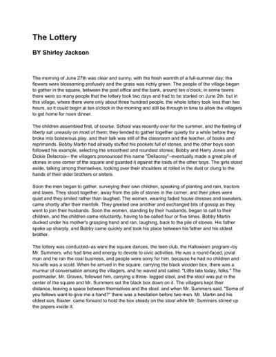 the lottery by shirley jackson short story pdf